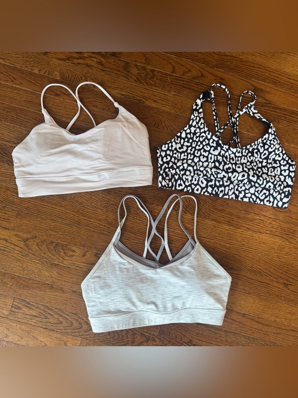 3 size XL ZYIA Women’s Strappy Sports Bras - White, Black Leopard, Light Gray